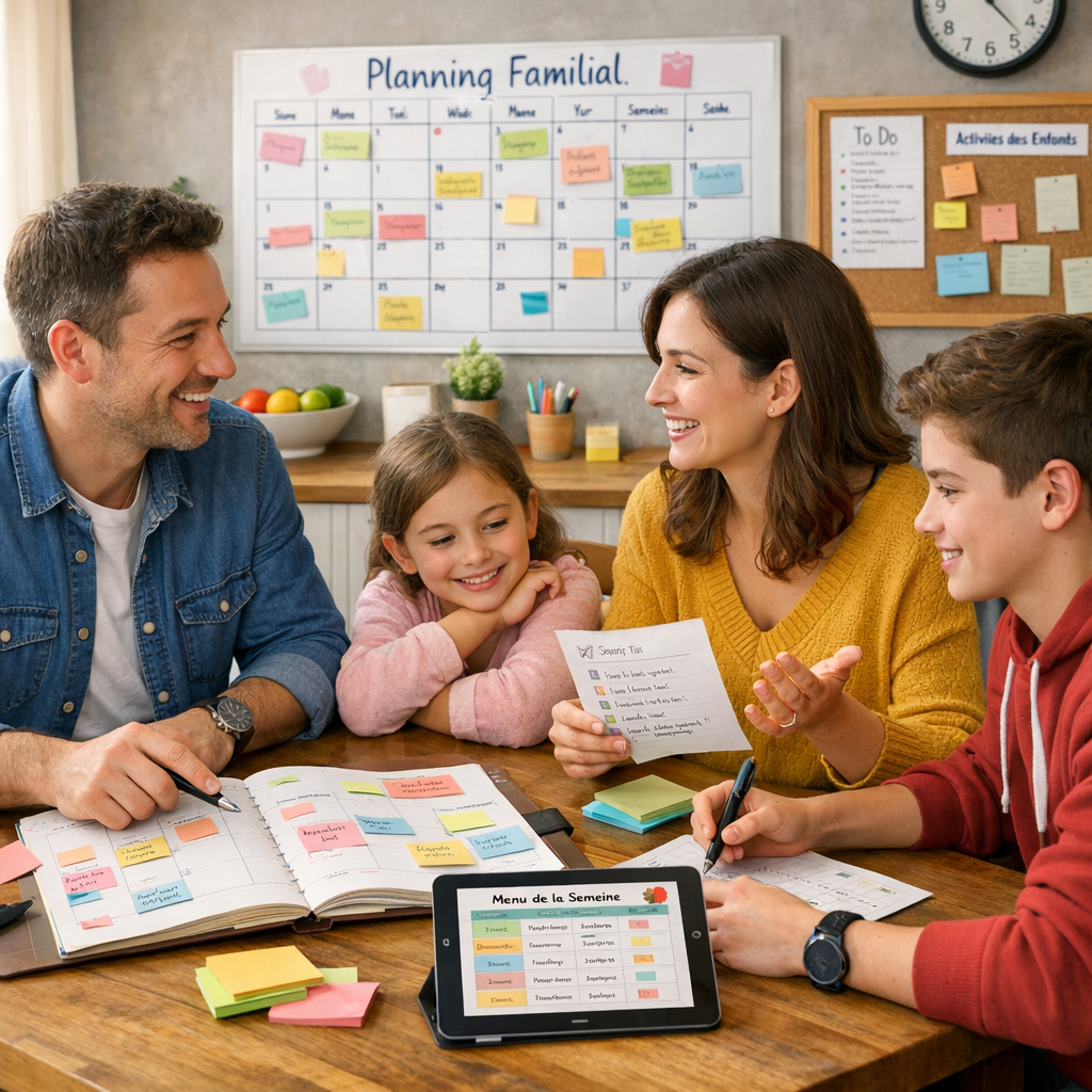 Famille à la maison discutant et s’organisant, illustrant la planification du quotidien